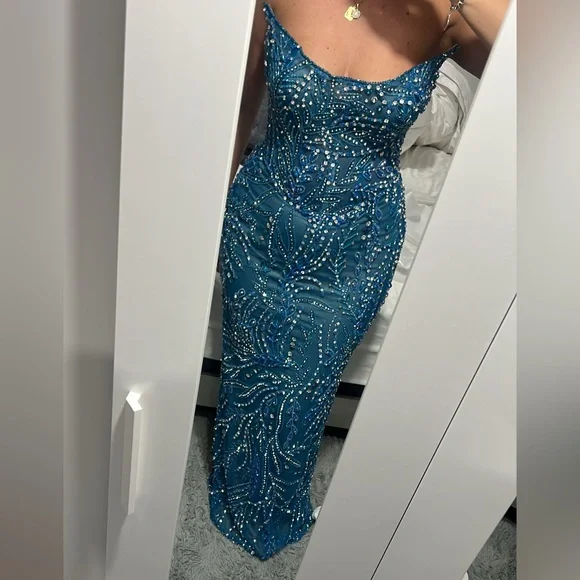 TABJA Strapless Teal Beaded Gown - Picture 4 of 5